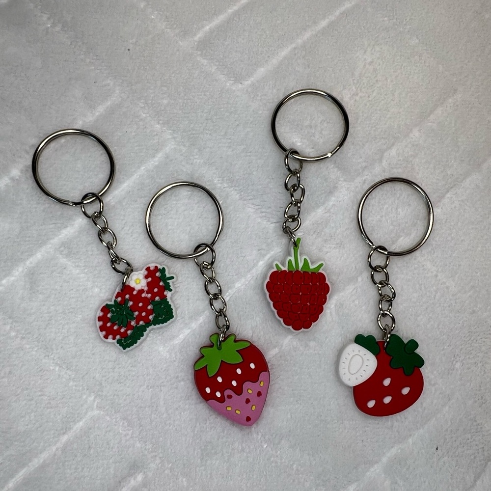 SET OF FOUR SOFT RUBBER STRAWBERRY KEYCHAIN BAG CHARMS NWOT